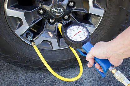 Demonstration pic showing working of Analogue Gauge Tyre Inflator Gauge with LockNFlate® Locking Air Chuck.