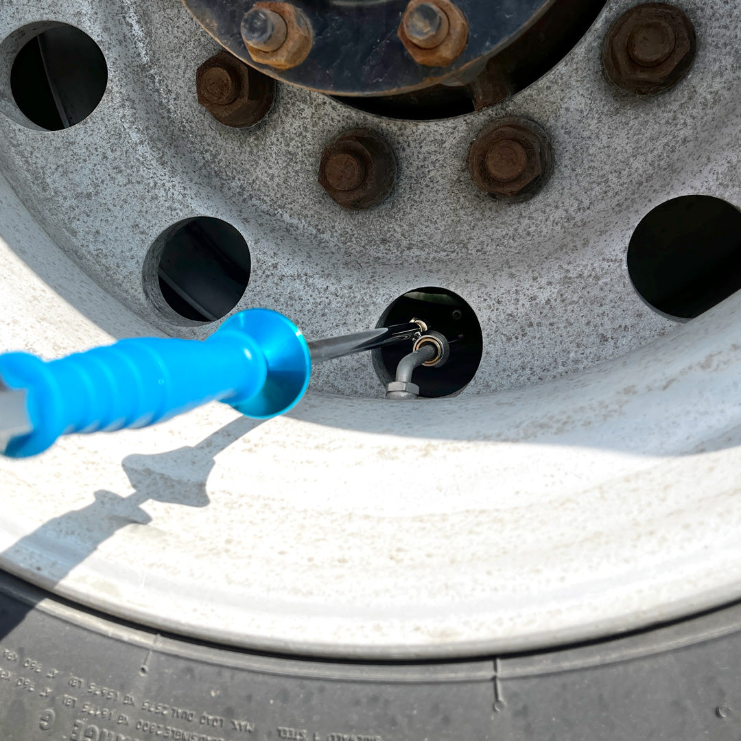 LockNFlate® New Zealand Straight Locking Dual Wheel Air Chuck working image inside the tyre for inflation