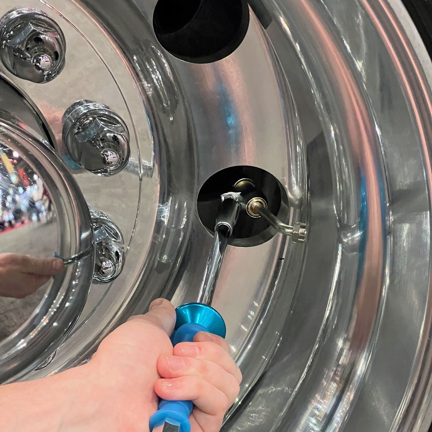 LockNFlate® New Zealand Angled Locking Dual Wheel Air Chuck inside the tyre  real  image