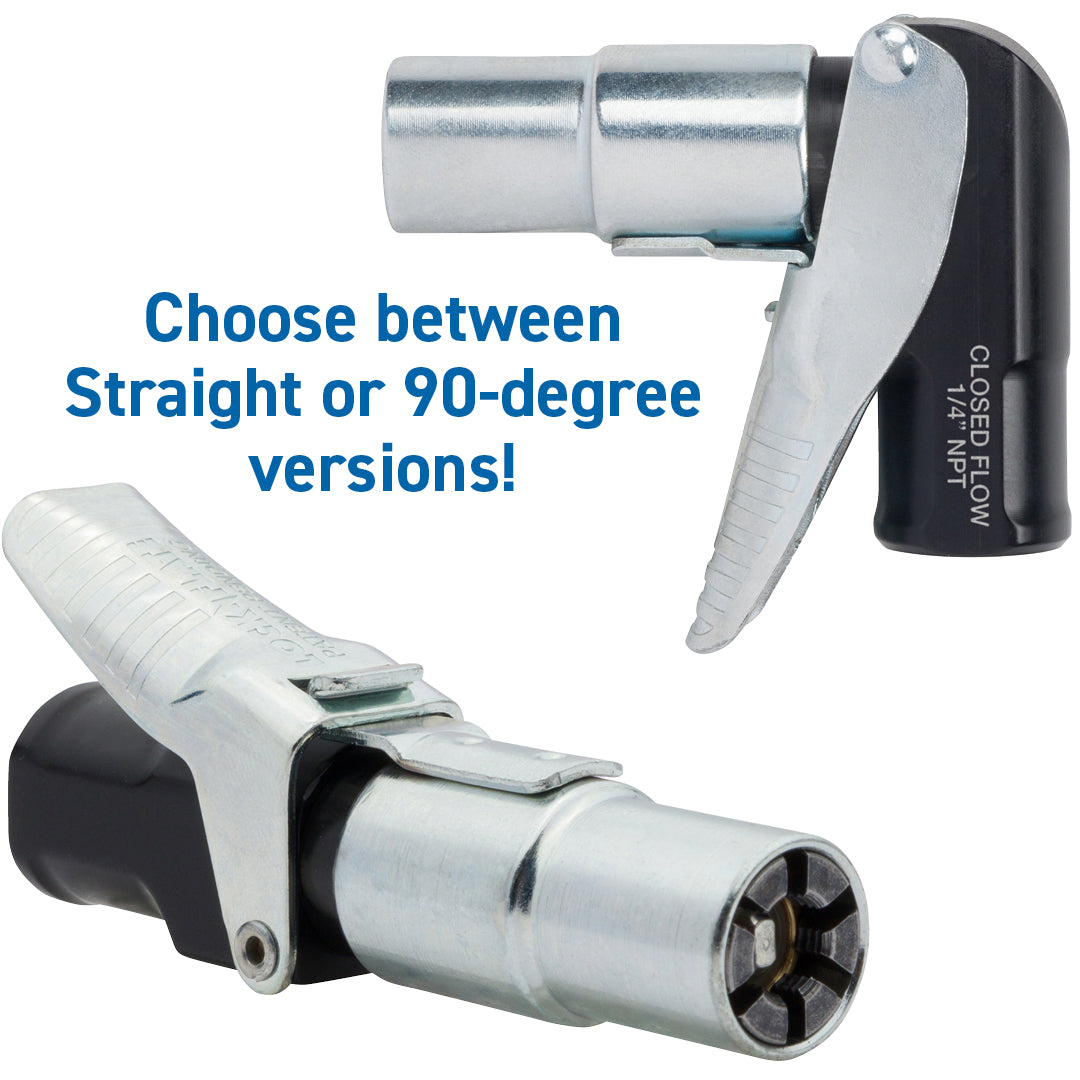 LockNFlate® New Zealand Air Chuck has straight and 90 degree variants (with closed flow 1/4" NPT).