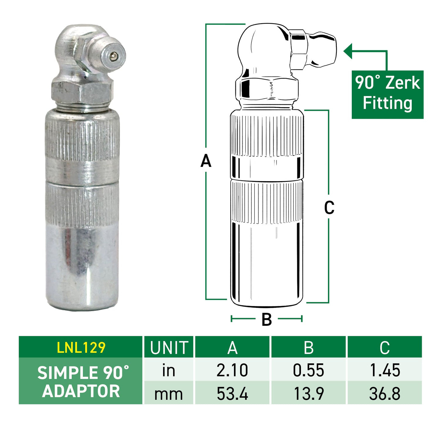 LockNLube® New Zealand Simple 90 Degree Adapter with 90 Degree Zerk Fitting with its measurement