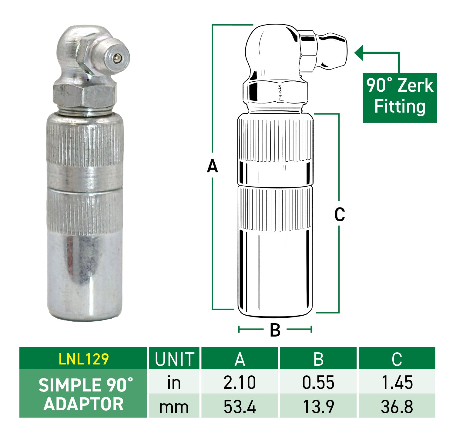 LockNLube® New Zealand Simple 90 Degree Adapter with 90 Degree Zerk Fitting with its measurement