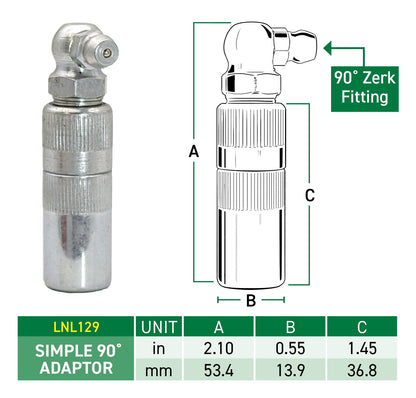 LockNLube® New Zealand Simple 90 Degree Adapter with 90 Degree Zerk Fitting with its measurement