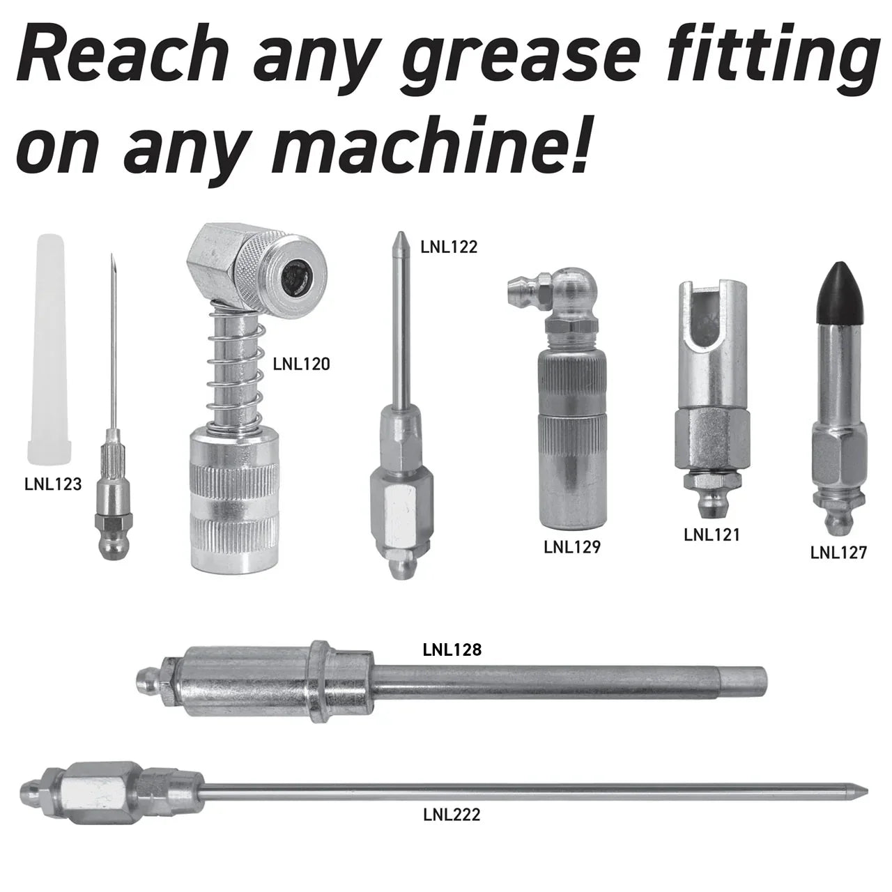 LockNLube® New Zealand 8-Piece Quick-Connect Accessory image which can reach any grease fitting on any machine.
