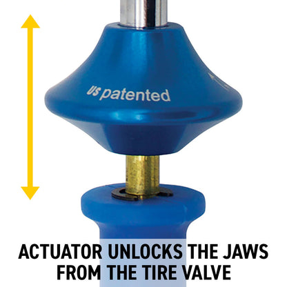 LockNFlate® New Zealand Angled Locking Dual Wheel Air Chuck actuator unlocks the jaws from the tyre value.