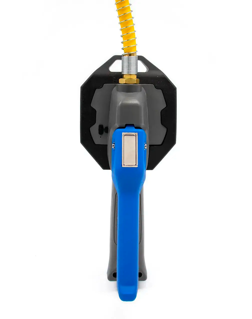 LockNFlate PRO Digital Tyre Inflator Gauge  with yellow hose from back, backside of the product image