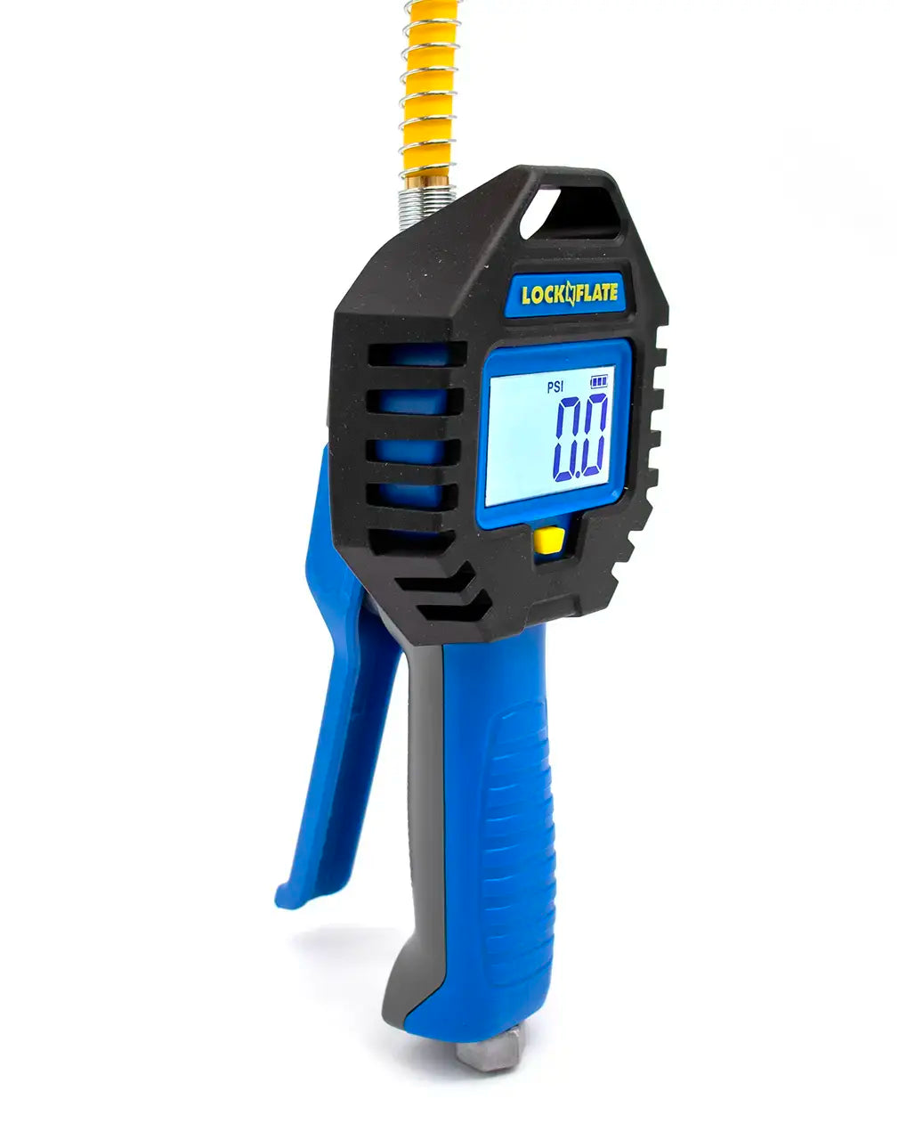 Digital tire pressure gauge with blue handle and black casing 