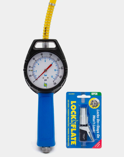 LockNFlate PRO Analogue Tyre Inflator Gauge Pressure Gauge with Air Chuck Locks On-Stays On. Won't Leak.
