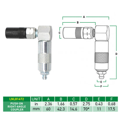 LockNLube Pro Push-On Right Angle Grease Coupler, Quick Connect, 1000 PSI