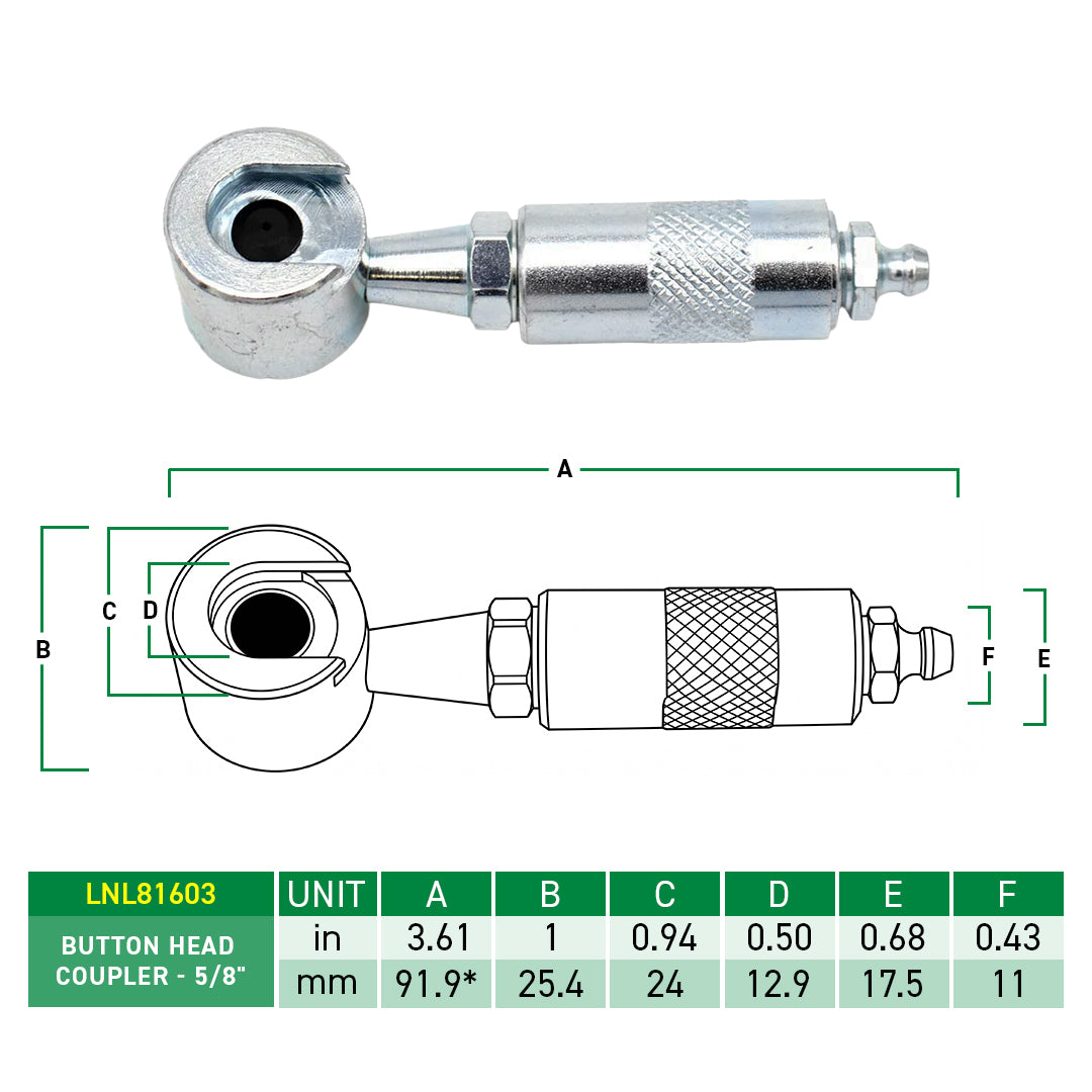 LockNLube Pro Standard Button Head Grease Coupler, 5/8", Quick Connect, 3000 PSI
