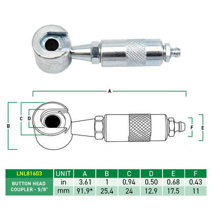LockNLube Pro Standard Button Head Grease Coupler, 5/8", Quick Connect, 3000 PSI