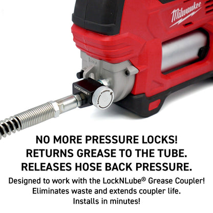 LockNLube®  New Zealand no more pressure locks ,returns grease to the tube. Releases hose back press. Pressure Return Valve is designed to work with LockNLube Grease Coupler, it installs in minutes.