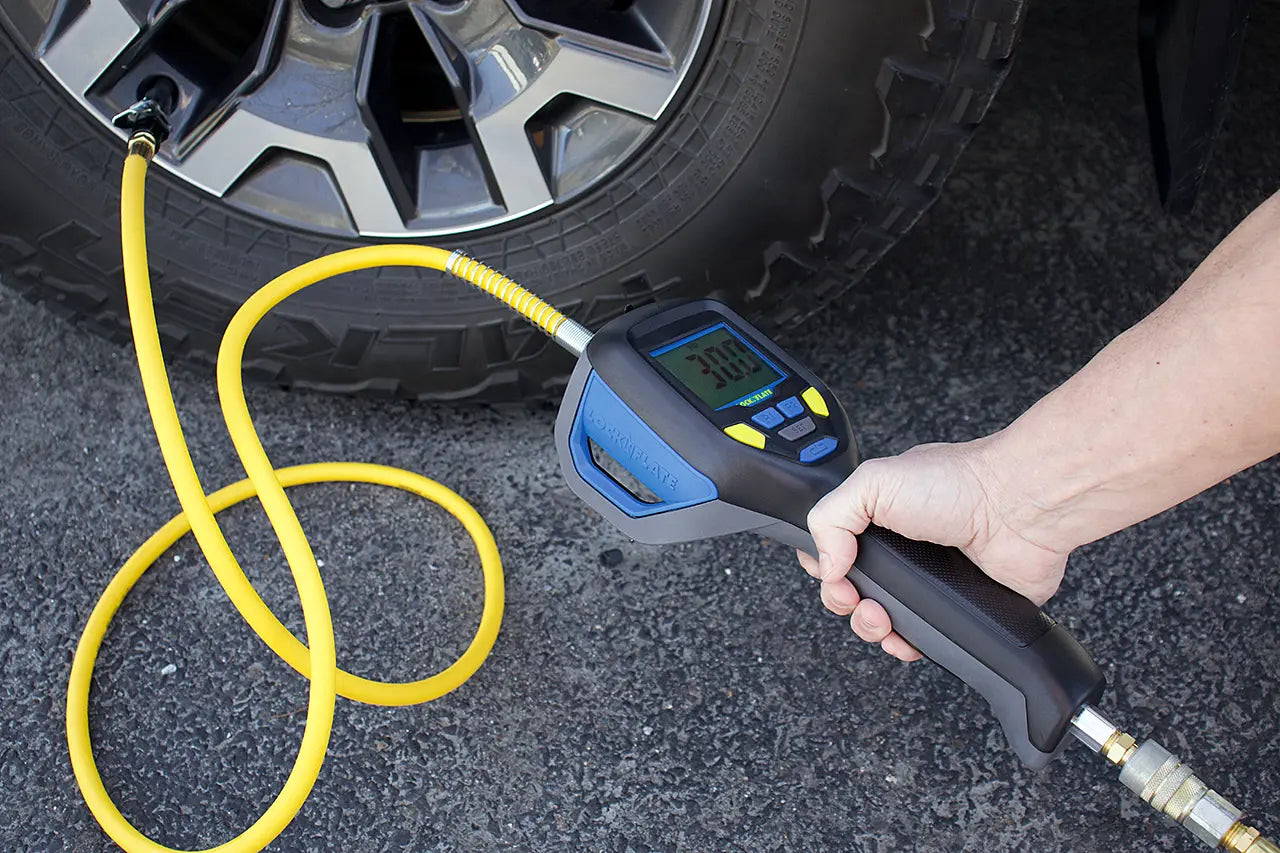 Demonstration image of LockNFlate PRO Pre-Set Digital Tyre Inflator Gauge with LockNFlate® Locking Air Chuck