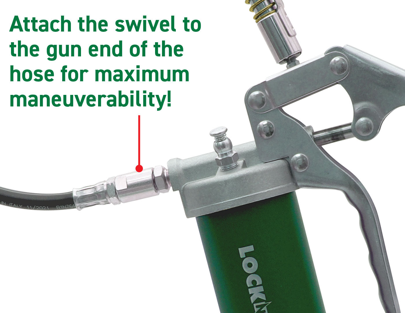  Attach the swivel to the LockNLube® New Zealand Grease Gun end of the hose for maximum maneuverability