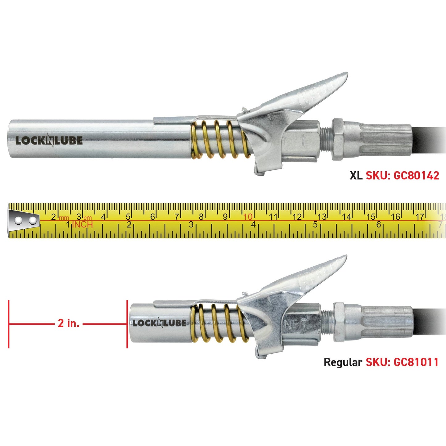 Comparison of LockNLube New Zealand Grease Coupler XL with Regular  Grease Coupler in terms of length. XL is 2 inches  wider than regular Grease Coupler