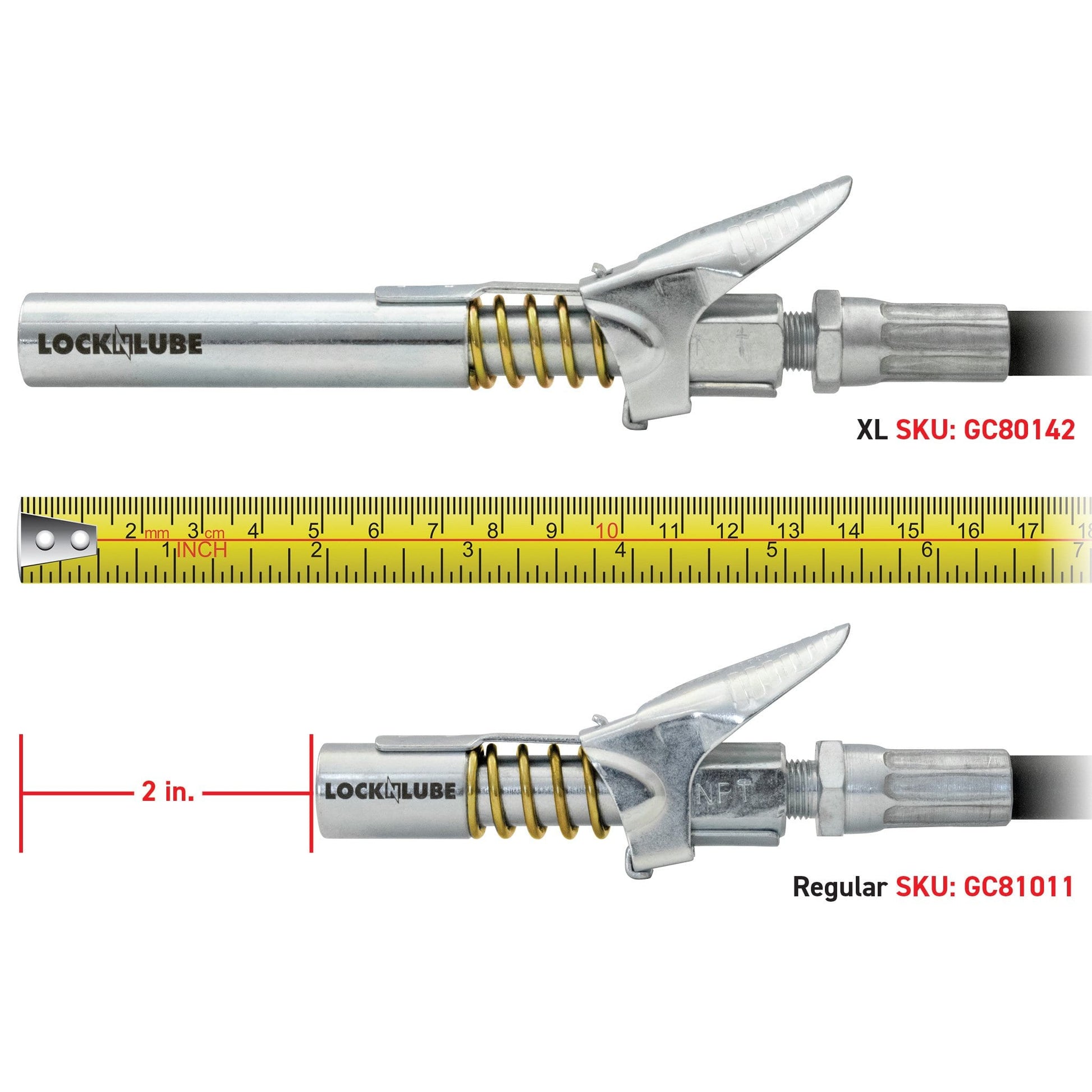 Comparison of LockNLube New Zealand Grease Coupler XL with Regular  Grease Coupler in terms of length. XL is 2 inches  wider than regular Grease Coupler