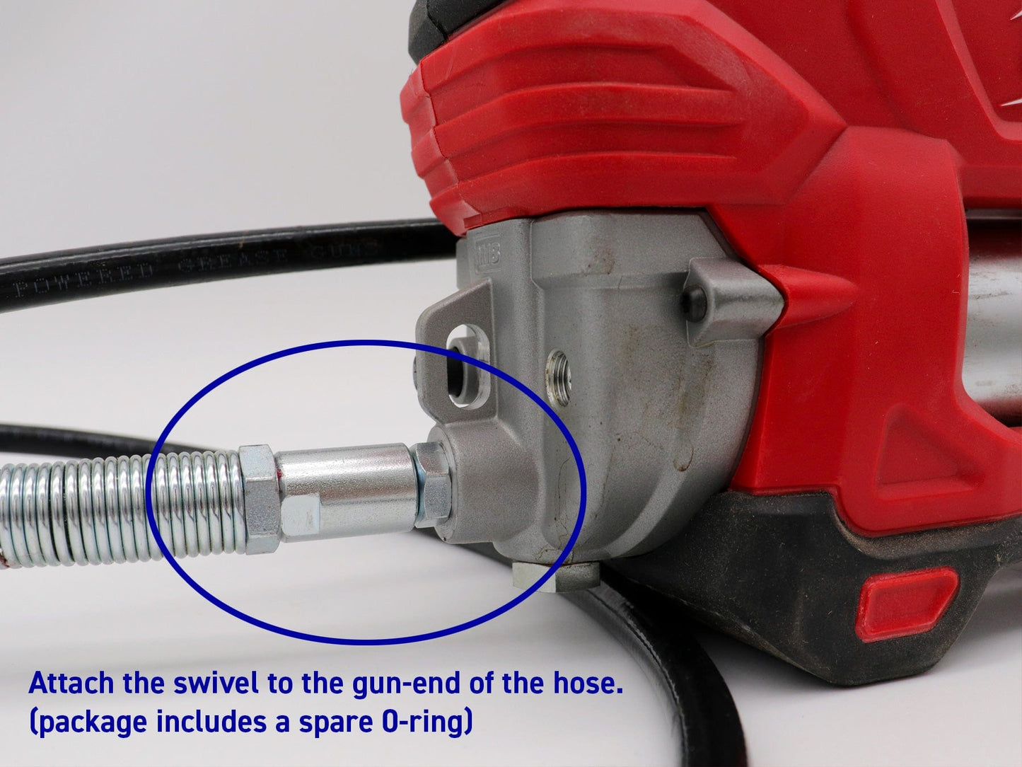 Attach the swivel to the gun-end of the hose package includes a spare 0-ring