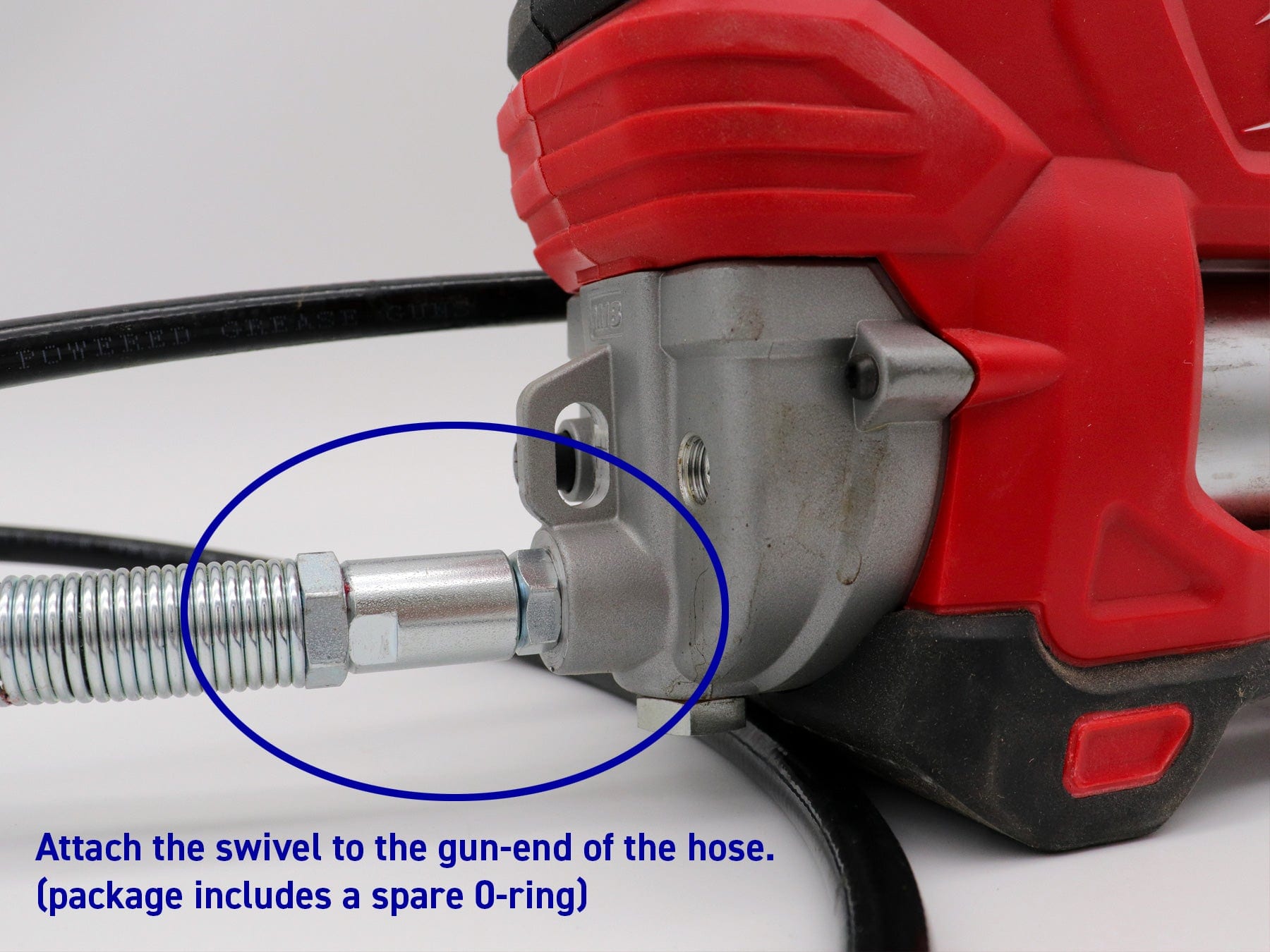 Attach the swivel to the gun-end of the hose package includes a spare 0-ring