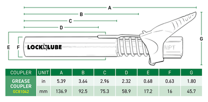 LockNLube New Zealand Grease Coupler 5.39 and 136.9 mm in length.